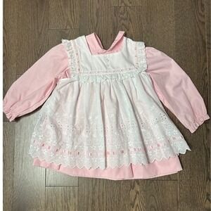 Vintage Pink White Eyelet Pinafore Dress with Ruffle Lace Buttons size 4